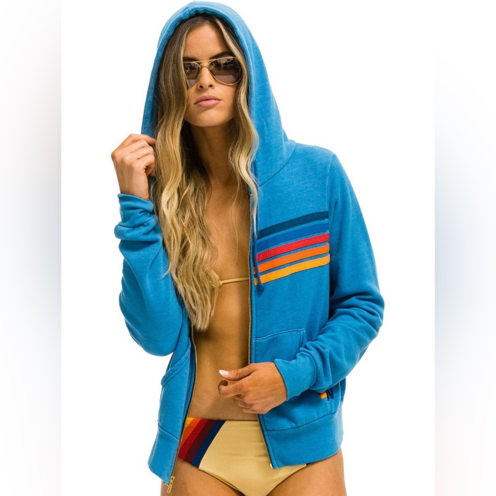 RARE Aviator Nation 5 Stripe Rainbow Hoodie in Ocean Blue Large